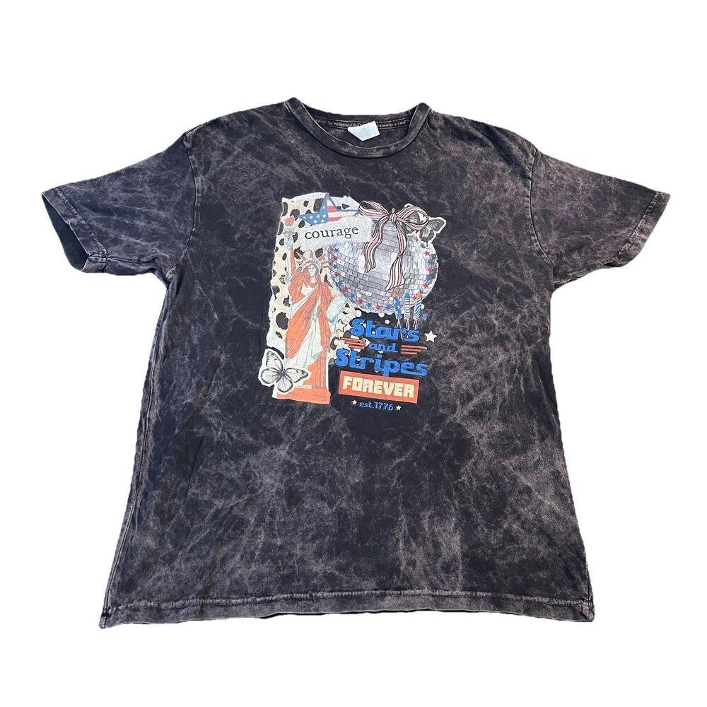 Lane Seven 4th Of July Graphic T Shirt Black Acid Wash Stars Stripes Size L